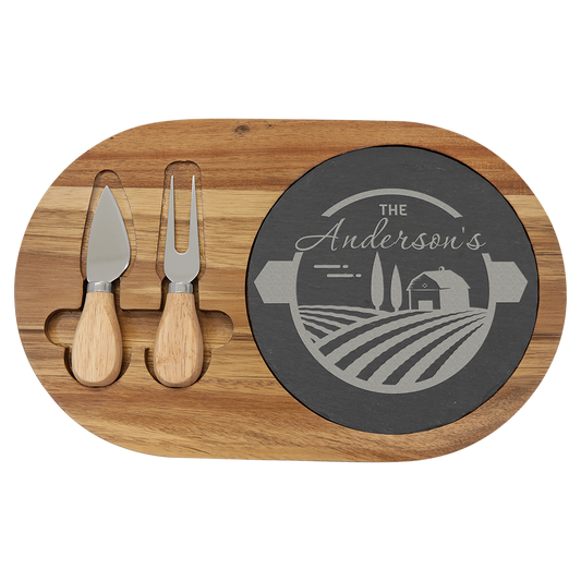 12 1/2" x 7 3/4" Acacia Wood/Slate Oval Cheese Set with Two Tools