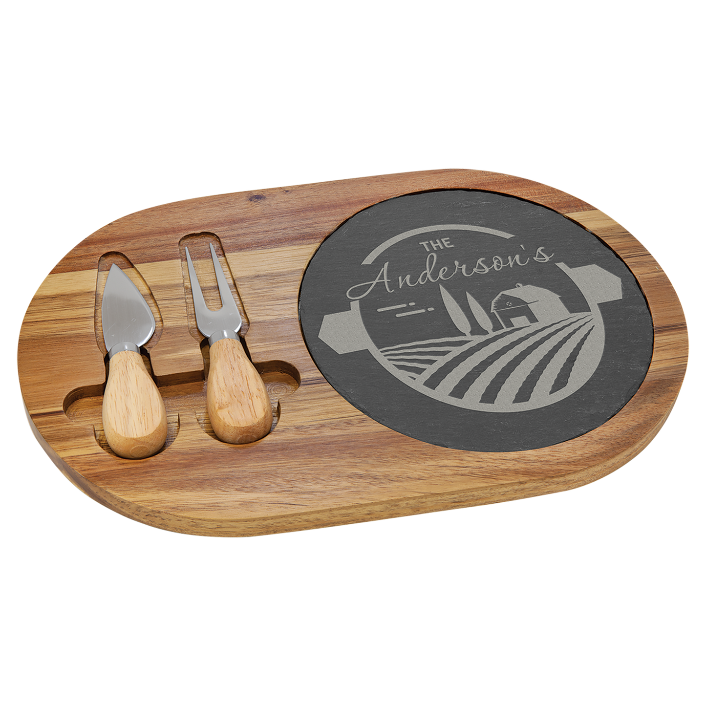 12 1/2" x 7 3/4" Acacia Wood/Slate Oval Cheese Set with Two Tools