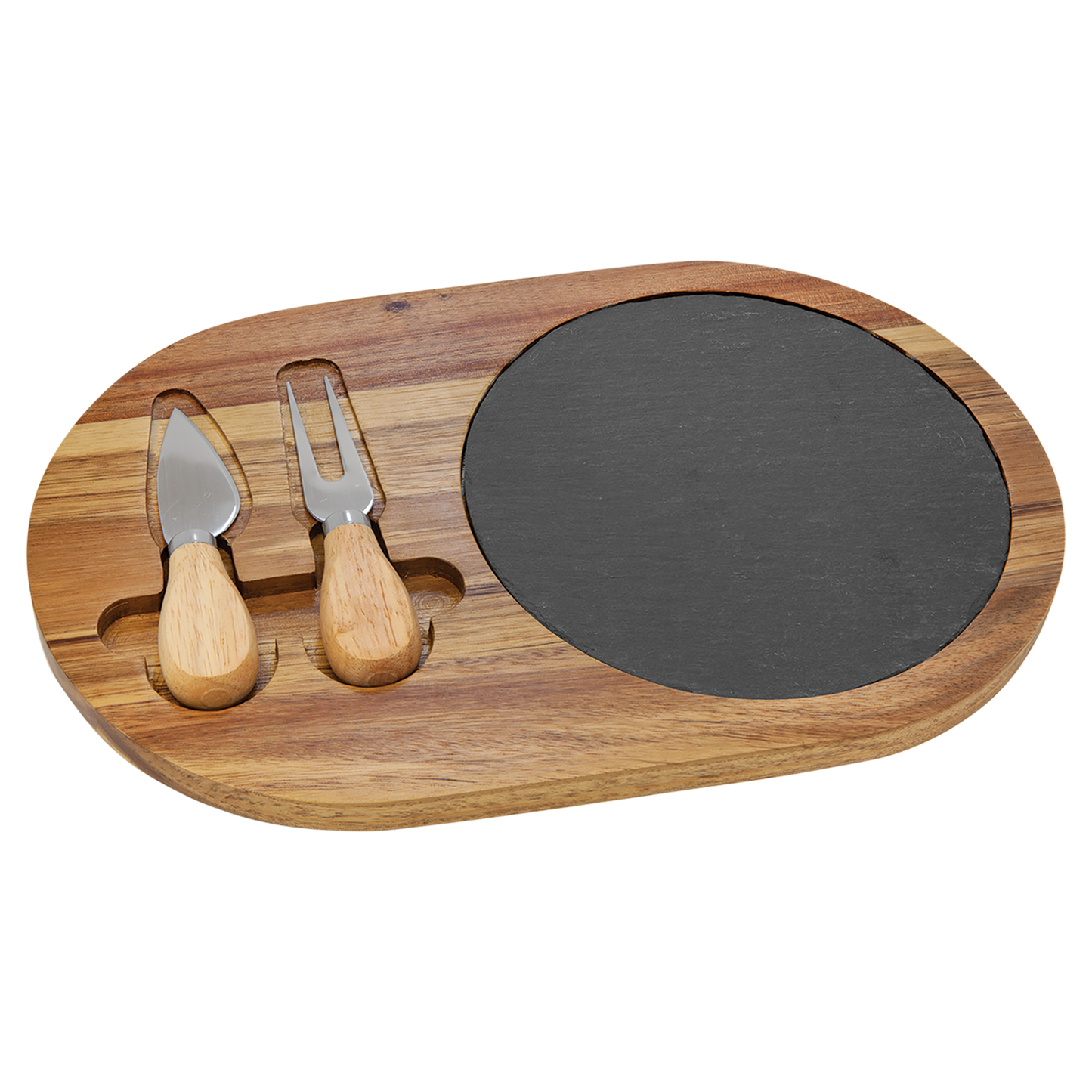 12 1/2" x 7 3/4" Acacia Wood/Slate Oval Cheese Set with Two Tools