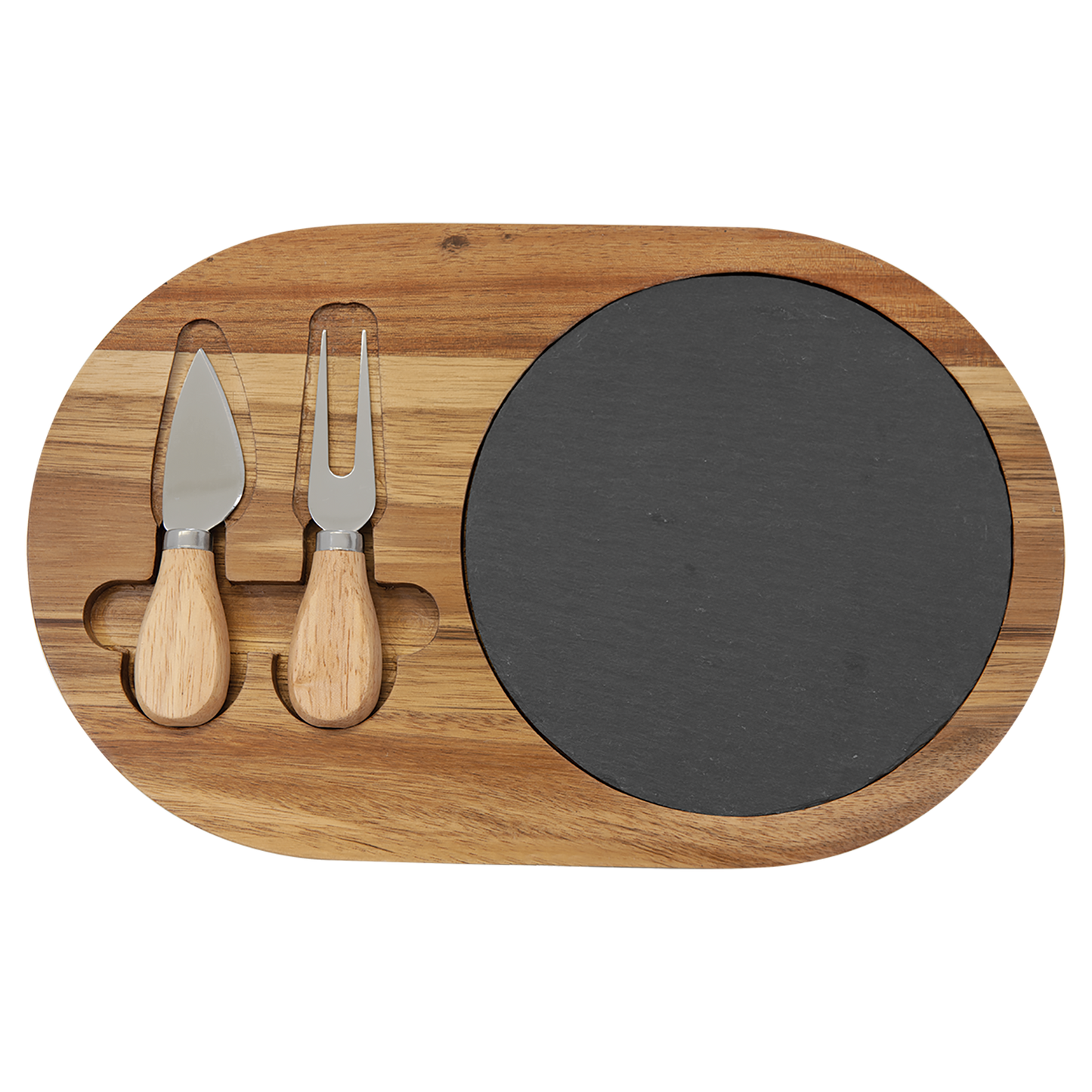 12 1/2" x 7 3/4" Acacia Wood/Slate Oval Cheese Set with Two Tools